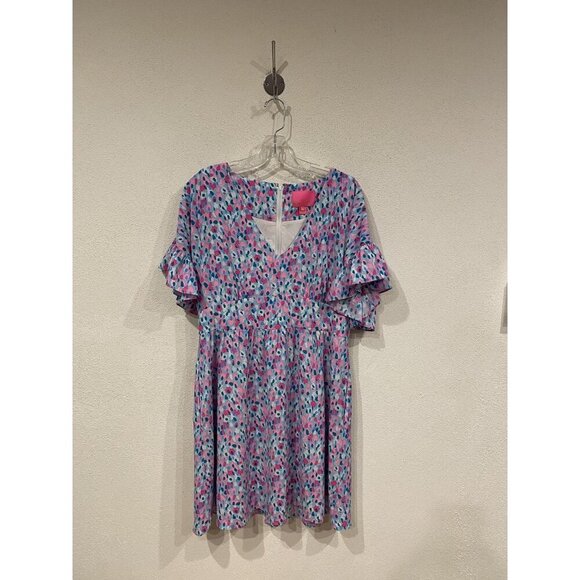 Lilly Pulitzer Blaire Dress Womens 12 Pink Blue Ruffle Sleeve Babydoll Floral - Picture 2 of 4